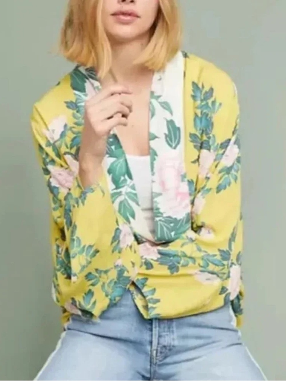 Anthropologie Yellow Floral Open Front Short Kimono Cardigan Wrap Top O/S